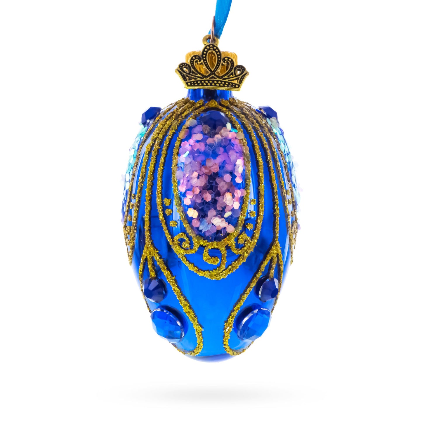Royal Blue with Gold Glitter and Iridescent Sequins Mini Glass Egg Ornament 2.9 Inches