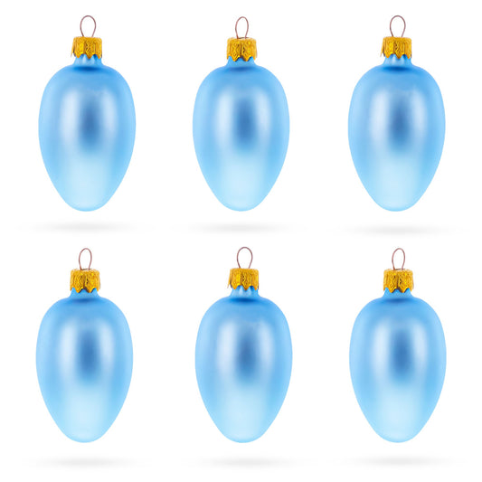 Set of 6 Blue Mini Glass Egg Ornaments 2.9 Inches