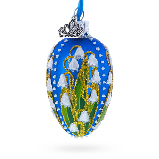 Lilies of the Valley on Blue Royal Mini Red Glass Egg Ornament