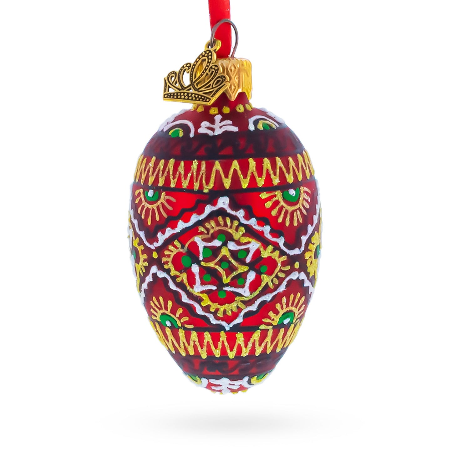 Red Geometric Ukrainian Pysanka Mini Glass Egg Ornament 2.9 Inches