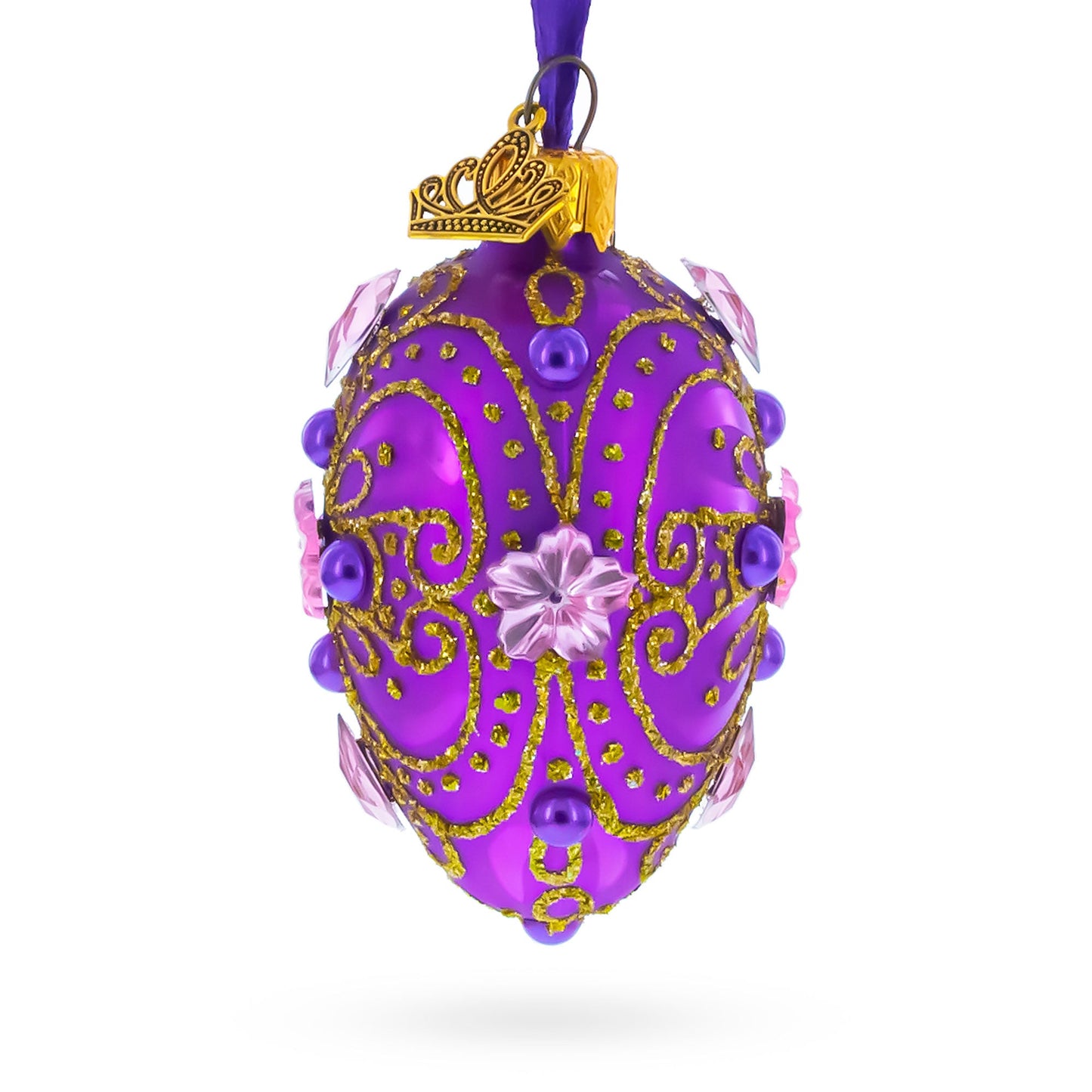 Flower on Purple Mini Glass Egg Ornament 2.9 Inches