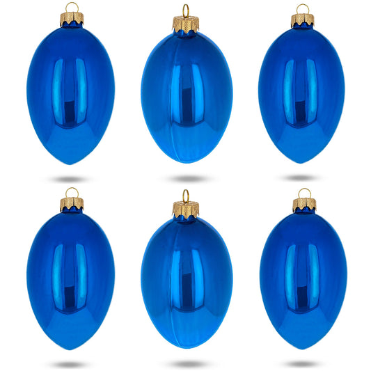 Set of 6 Blue Glossy Glass Egg Ornaments 4 Inches