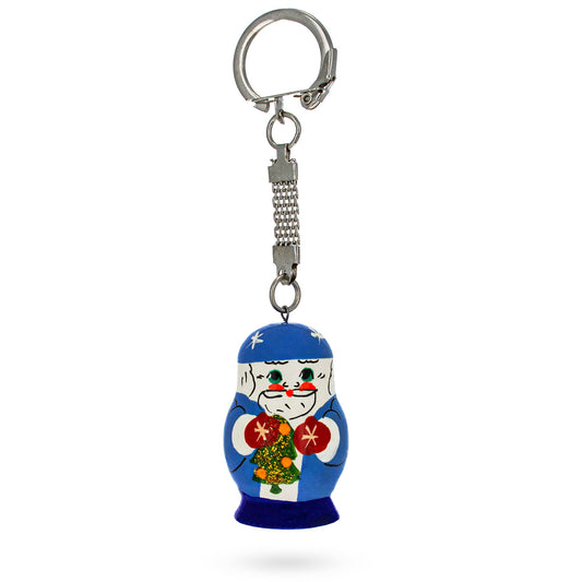 Santa in Blue Color Wooden Key Chain