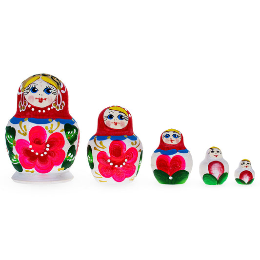 Beautiful Wooden  with Red Color Hood and Pink Flowers Nesting Dolls