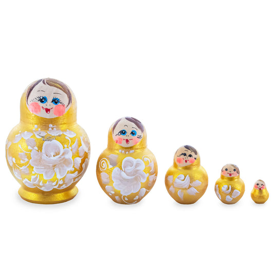 Gold Color with White Flowers Pink Wooden  Nesting Dolls