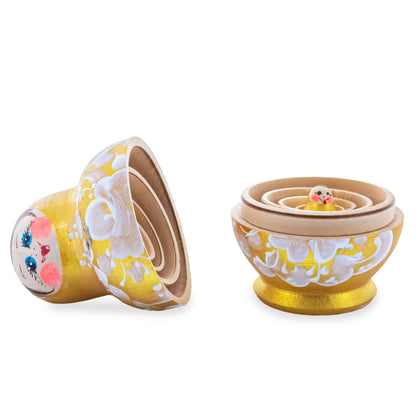 Gold Color with White Flowers Pink Wooden  Nesting Dolls