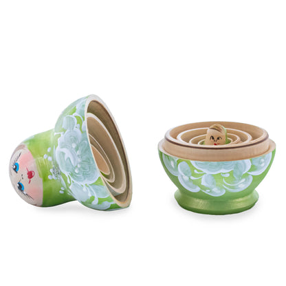 Green Color with White Flowers Wooden  Nesting Dolls