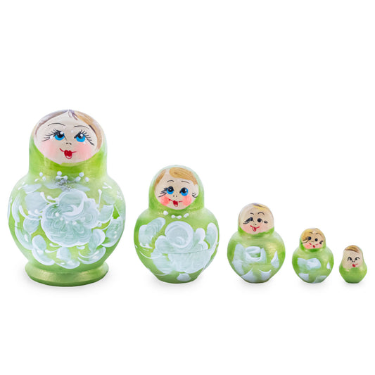 Green Color with White Flowers Wooden  Nesting Dolls