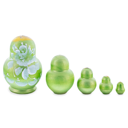 Green Color with White Flowers Wooden  Nesting Dolls