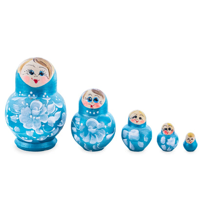 Light Blue Color with White Flower Wooden  Nesting Dolls