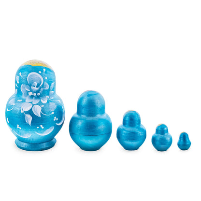 Light Blue Color with White Flower Wooden  Nesting Dolls