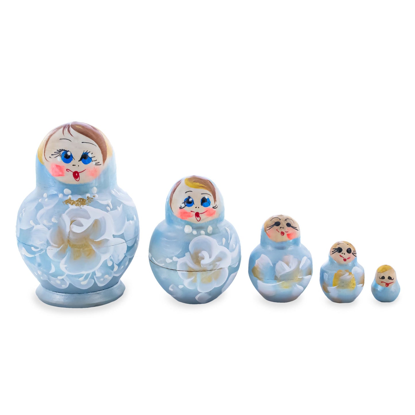Light Blue Color with White Flowers Wooden  Nesting Dolls