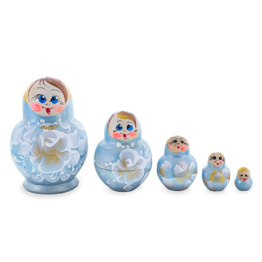 Light Blue Color with White Flowers Wooden  Nesting Dolls