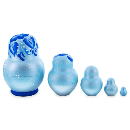 Light Blue Color with Blue Flowers Wooden  Nesting Dolls