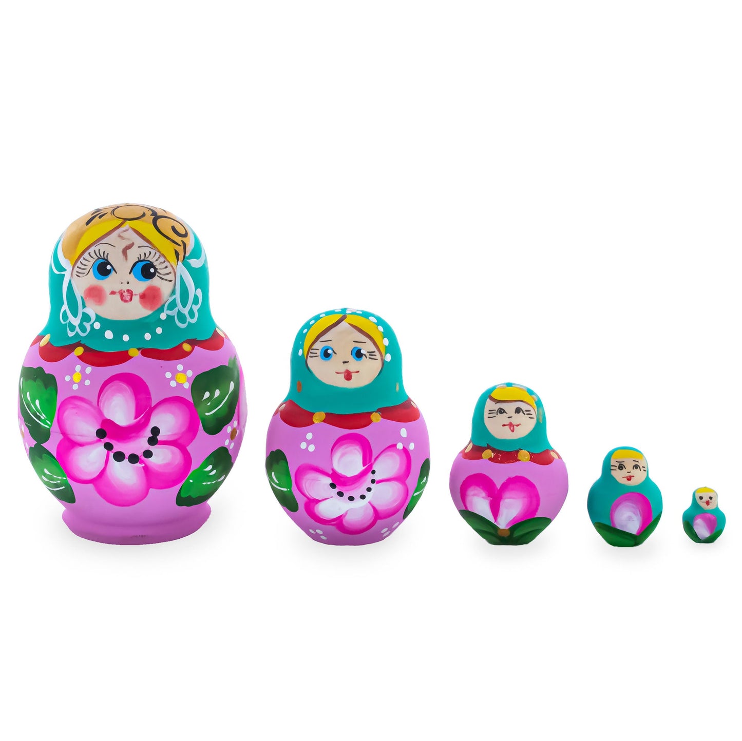 Green Hood with Pink Flower Pink Wooden  Nesting Dolls