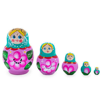 Green Hood with Pink Flower Pink Wooden  Nesting Dolls