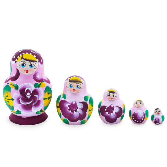 Pink Color with White Velvet Flower Wooden  Nesting Dolls