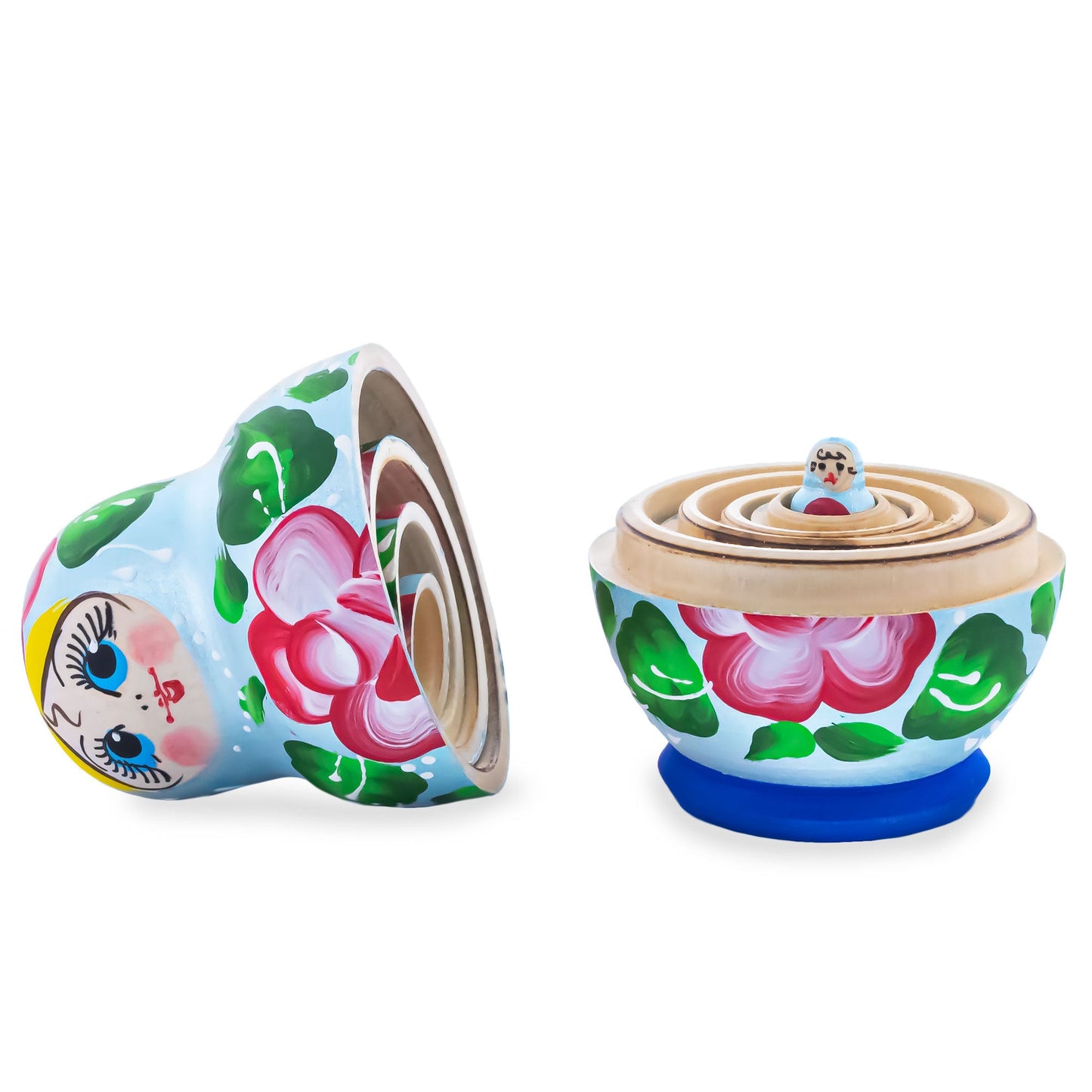 Light Blue Color with Red Flower Wooden  Nesting Dolls