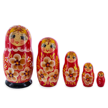 Red Hood with Gold Color Flowers Wooden  Nesting Dolls