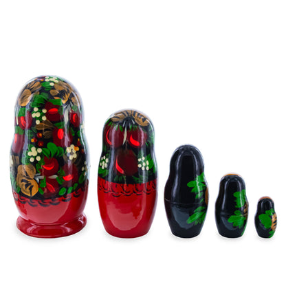 Black Hood with Red Berries Wooden  Nesting Dolls