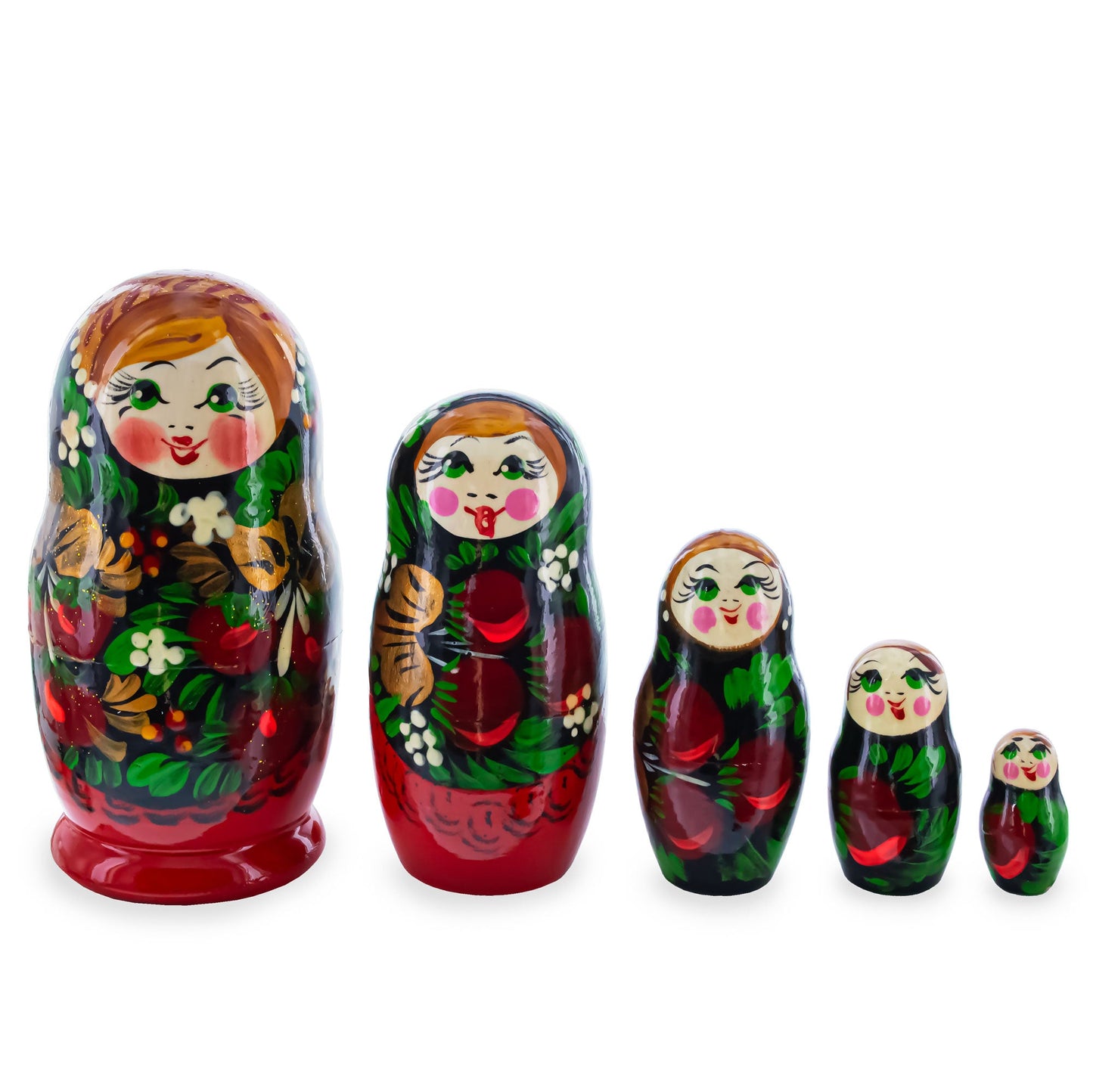 Black Hood with Red Berries Wooden  Nesting Dolls