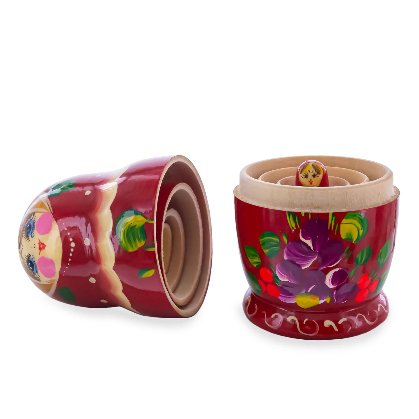 Red Color with Purple Flowers and Red Berries Wooden  Nesting Dolls