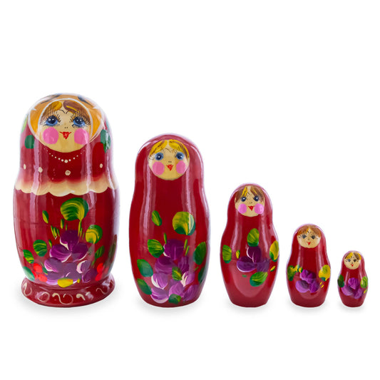 Red Color with Purple Flowers and Red Berries Wooden  Nesting Dolls