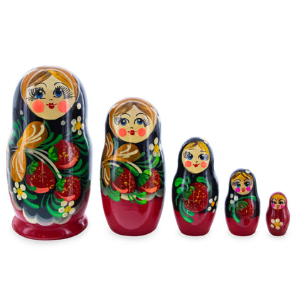 Black Hood with Strawberries Wooden  Nesting Dolls