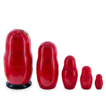 Red Color with Gold Flowers Wooden  Nesting Dolls