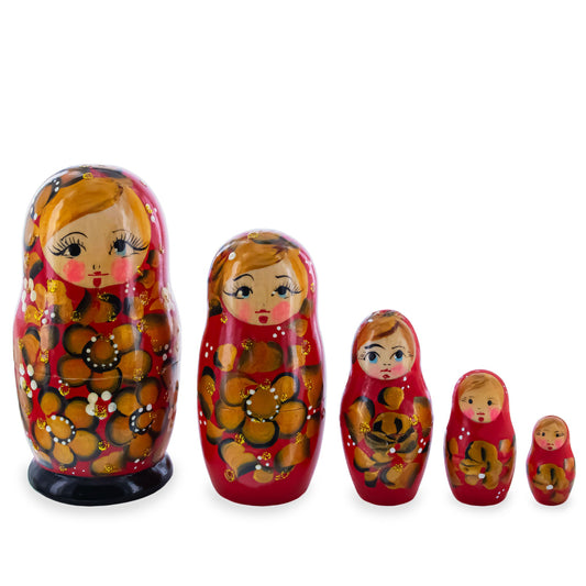 Red Color with Gold Flowers Wooden  Nesting Dolls