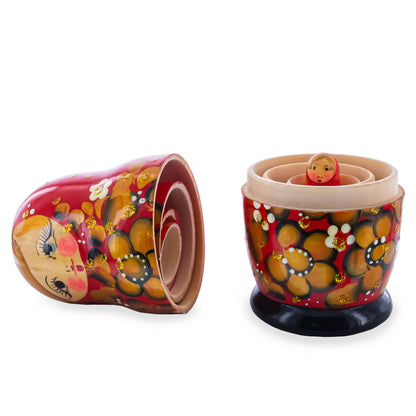 Red Color with Gold Flowers Wooden  Nesting Dolls