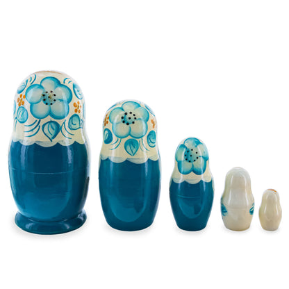 White Hood with Blue Flowers Wooden  Nesting Dolls