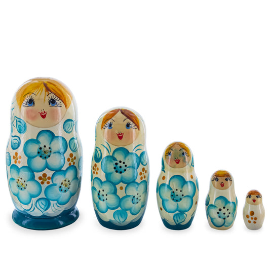 White Hood with Blue Flowers Wooden  Nesting Dolls