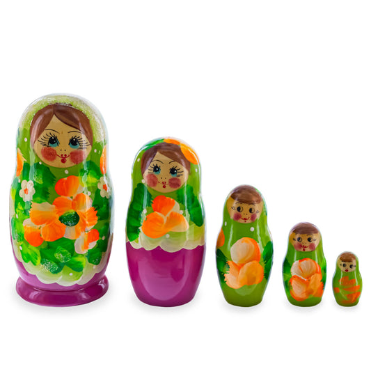 Green Hood with Purple and White Flowers Wooden  Nesting Dolls