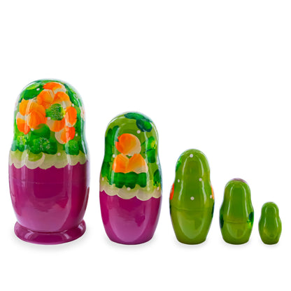 Green Hood with Purple and White Flowers Wooden  Nesting Dolls