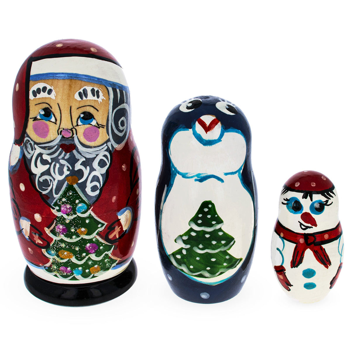 Set of 3 Santa, Penguin and Snowman Wooden Nesting Dolls