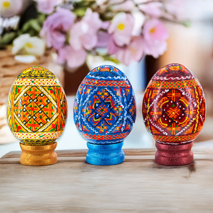 Set of 3 Colorful Geometric Ukrainian Pysanky Wooden Easter Eggs with Stands