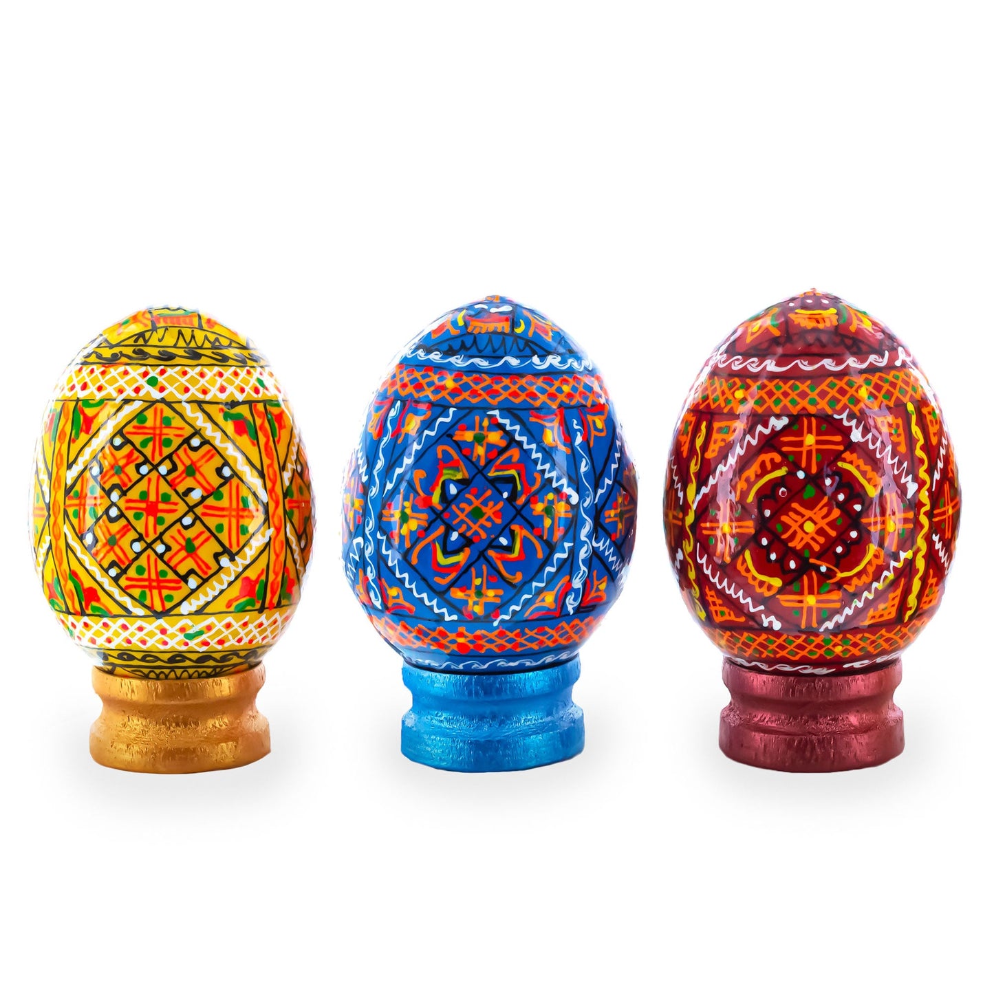 Set of 3 Colorful Geometric Ukrainian Pysanky Wooden Easter Eggs with Stands