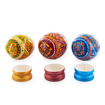 Set of 3 Colorful Geometric Ukrainian Pysanky Wooden Easter Eggs with Stands