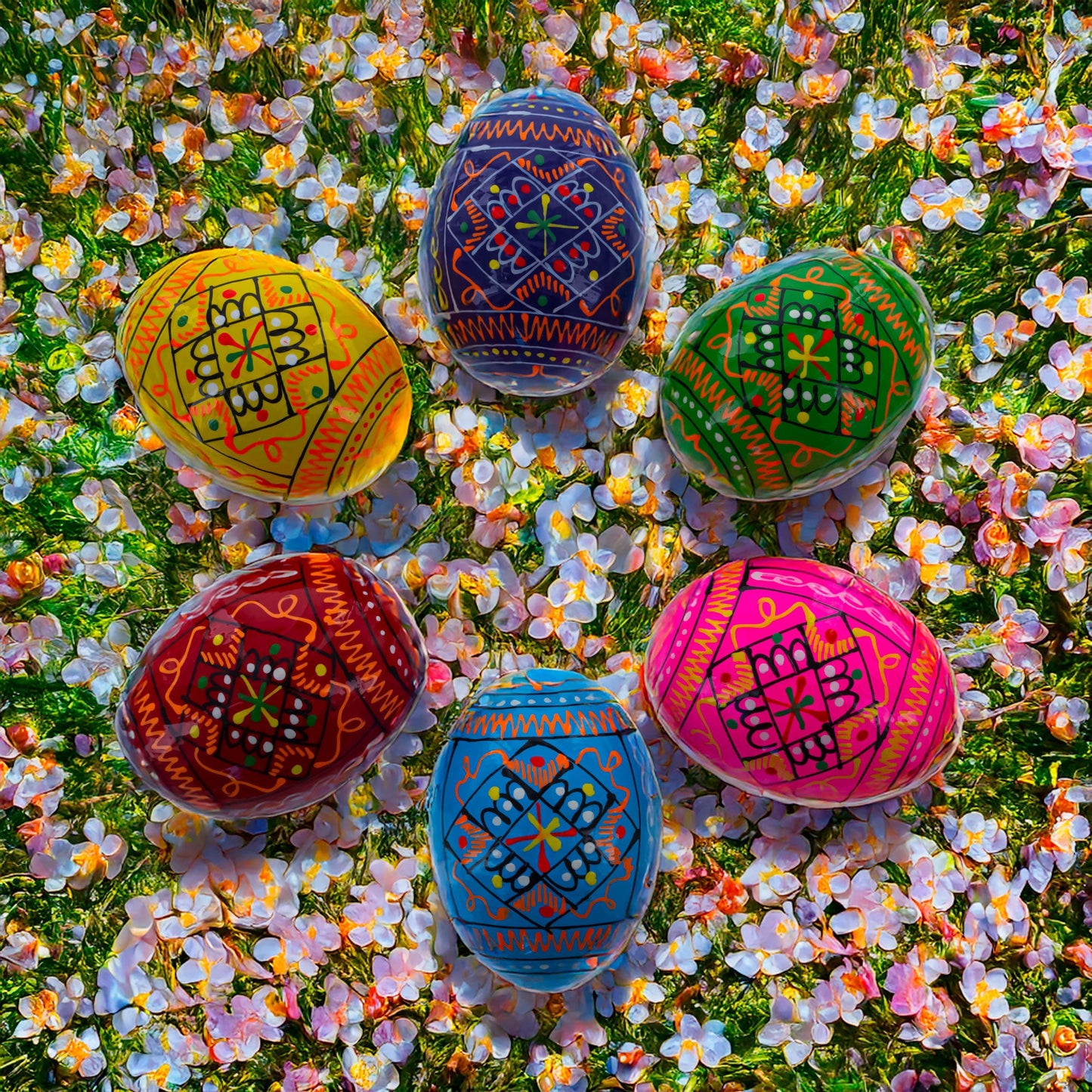 Set of 6 Ukrainian Geometric Wooden Easter Eggs 2.5 Inches