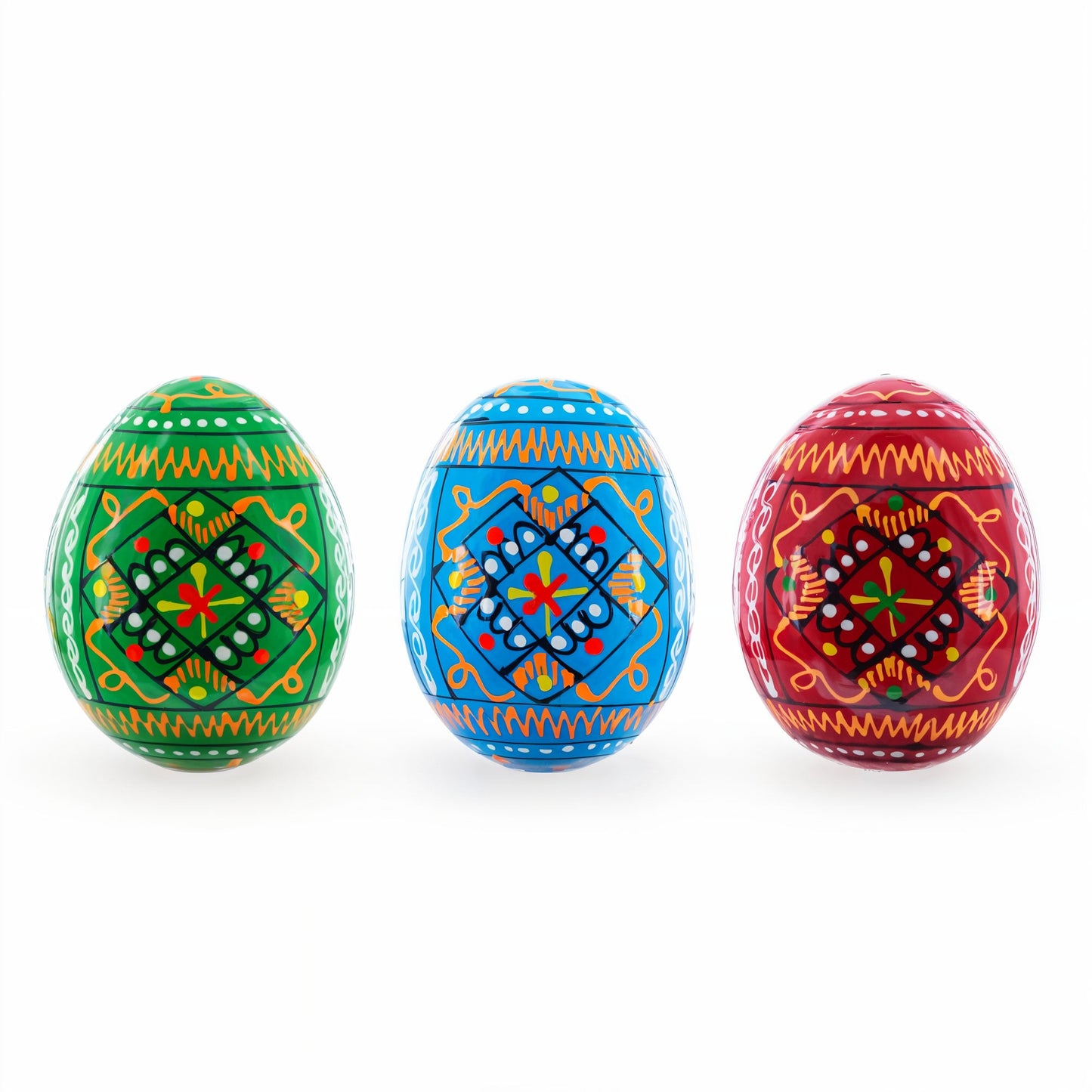 Set of 3 Vibrant Geometric Ukrainian Pysanky Wooden Easter Eggs 2.5 Inches