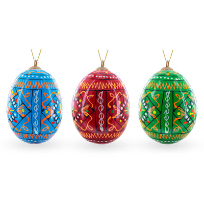 Set of 3 Vibrant Geometric Ukrainian Pysanky Wooden Easter Egg Ornaments 2.5 Inches