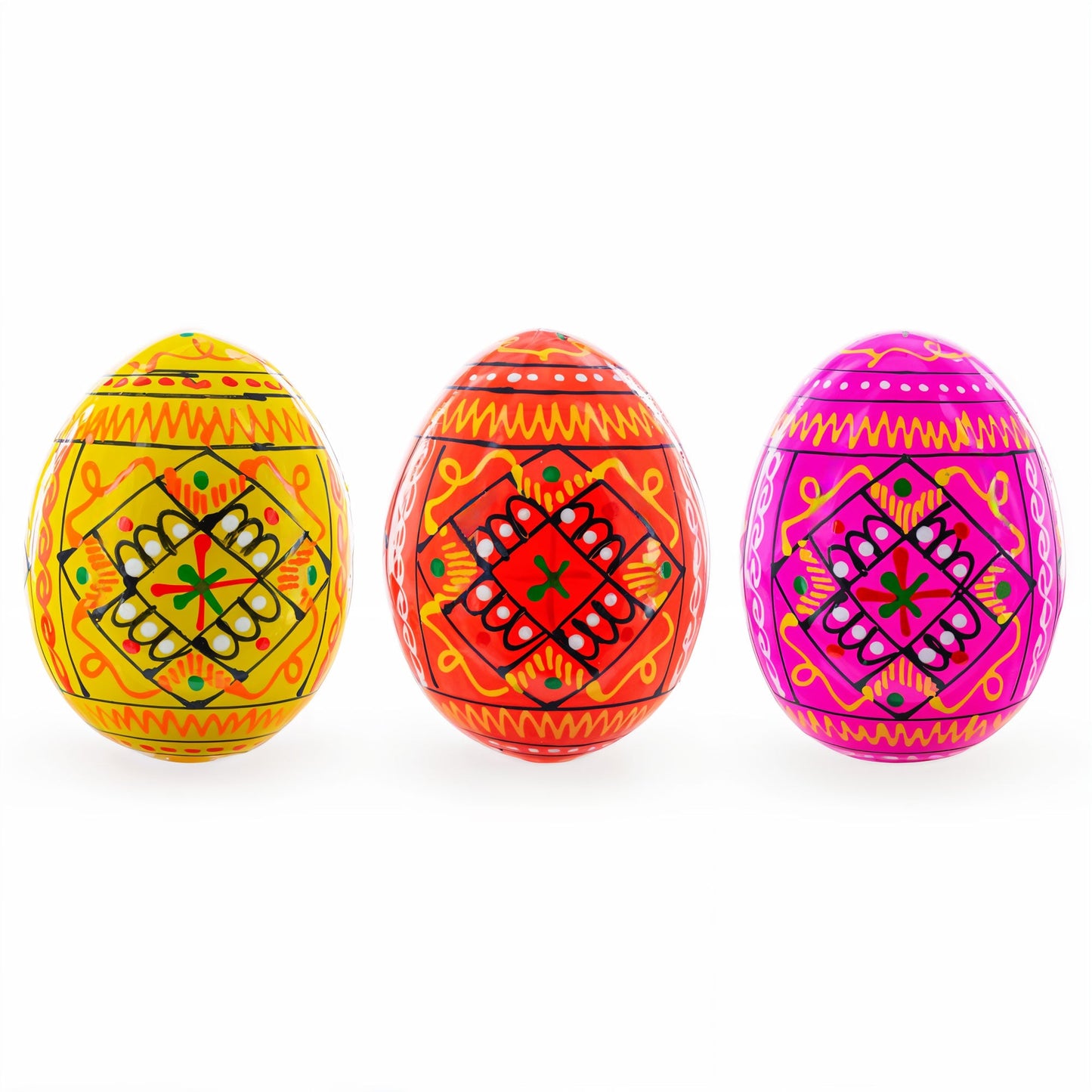 Set of 3 Yellow, Pink, Orange Geometric Ukrainian Pysanky Wooden Easter Eggs 2.5 Inches