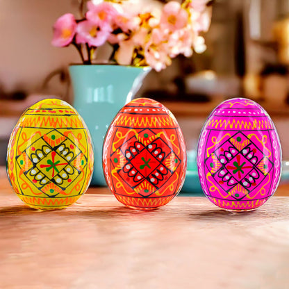 Set of 3 Yellow, Pink, Orange Geometric Ukrainian Pysanky Wooden Easter Eggs 2.5 Inches