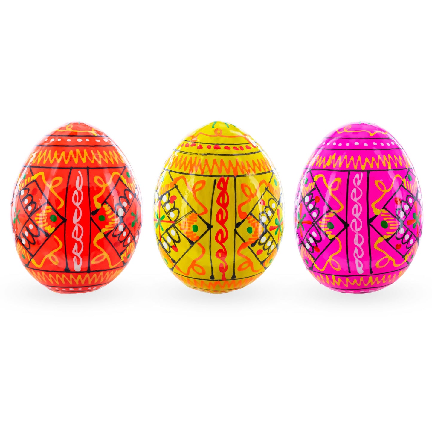 Set of 3 Yellow, Pink, Orange Geometric Ukrainian Pysanky Wooden Easter Eggs 2.5 Inches
