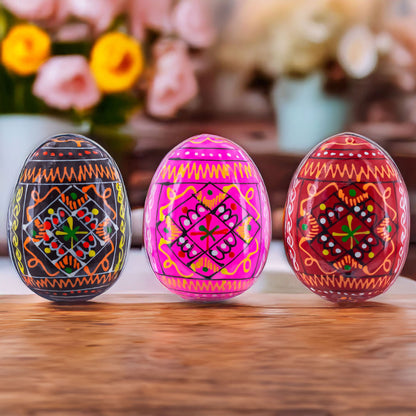 Set of 3 Red Shades Geometric Ukrainian Pysanky Wooden Easter Eggs 2.5 Inches