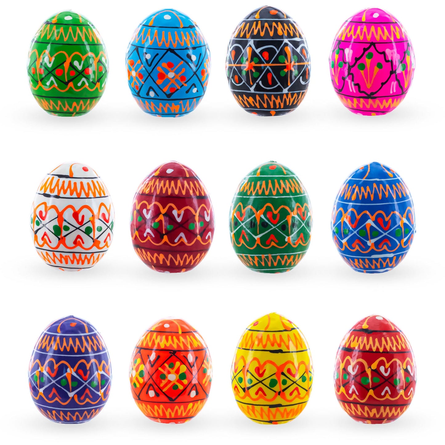 Set of 12 Mini Geometric Ukrainian Pysanky Wooden Easter Eggs 1.6 Inches