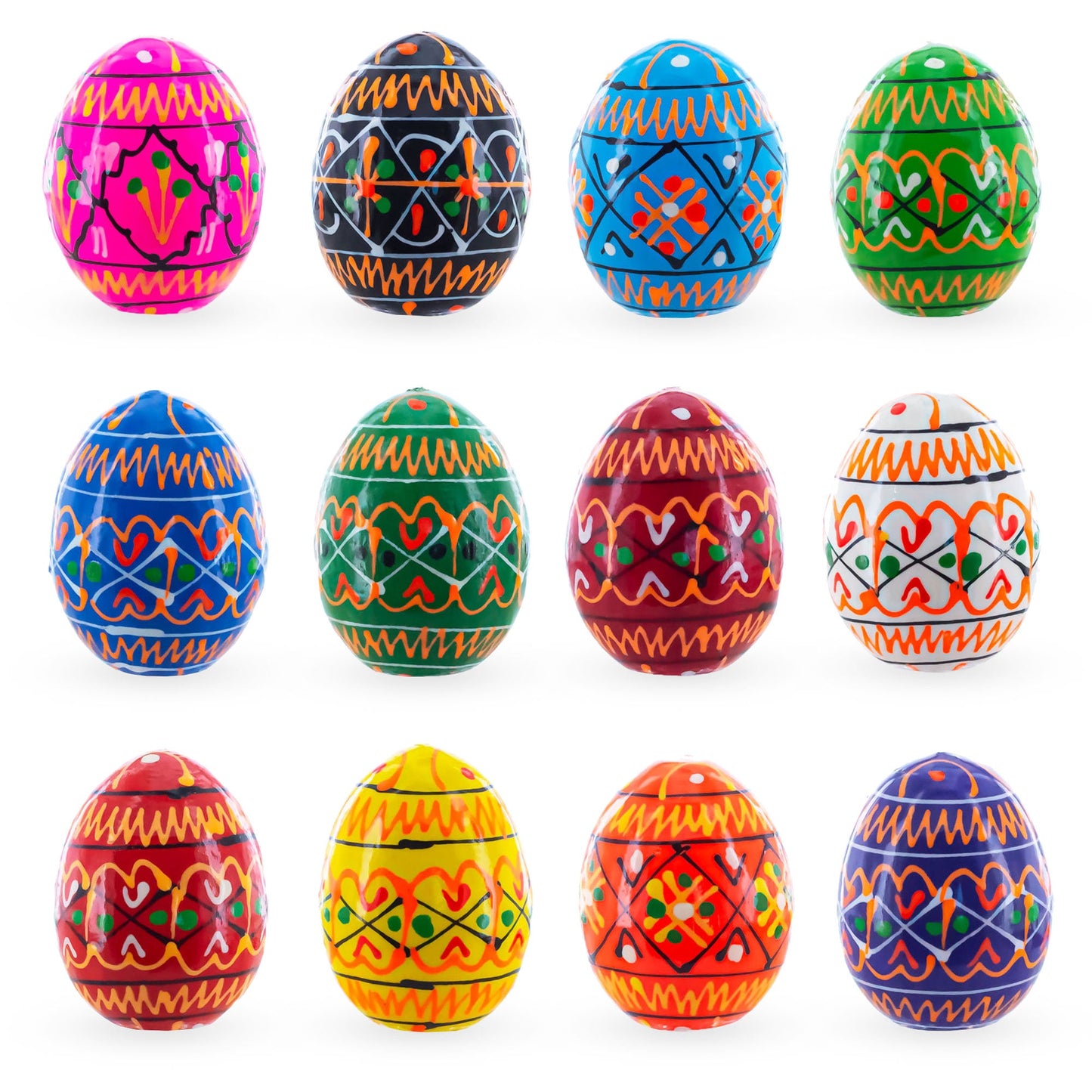 Set of 12 Mini Geometric Ukrainian Pysanky Wooden Easter Eggs 1.6 Inches