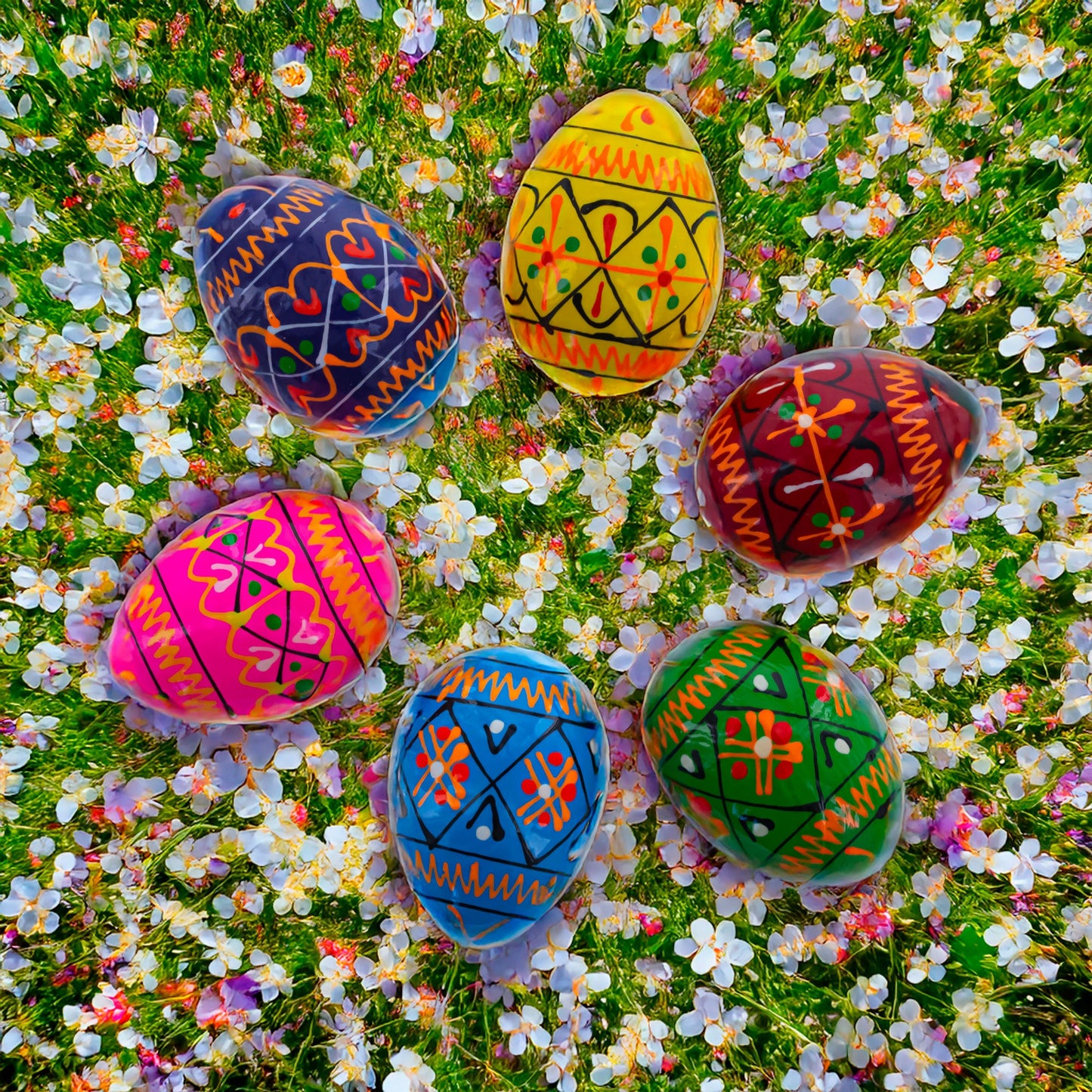 Set of 6 Mini Geometric Ukrainian Pysanky Wooden Easter Eggs 1.6 Inches