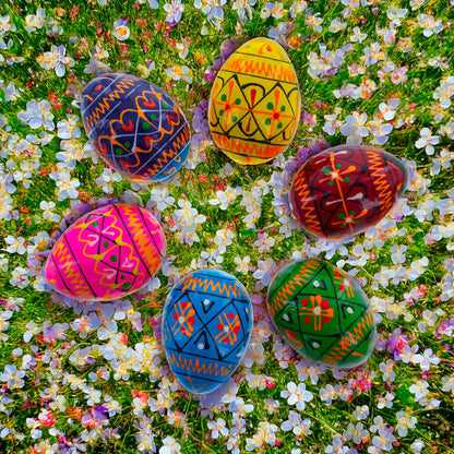 Set of 6 Mini Geometric Ukrainian Pysanky Wooden Easter Eggs 1.6 Inches